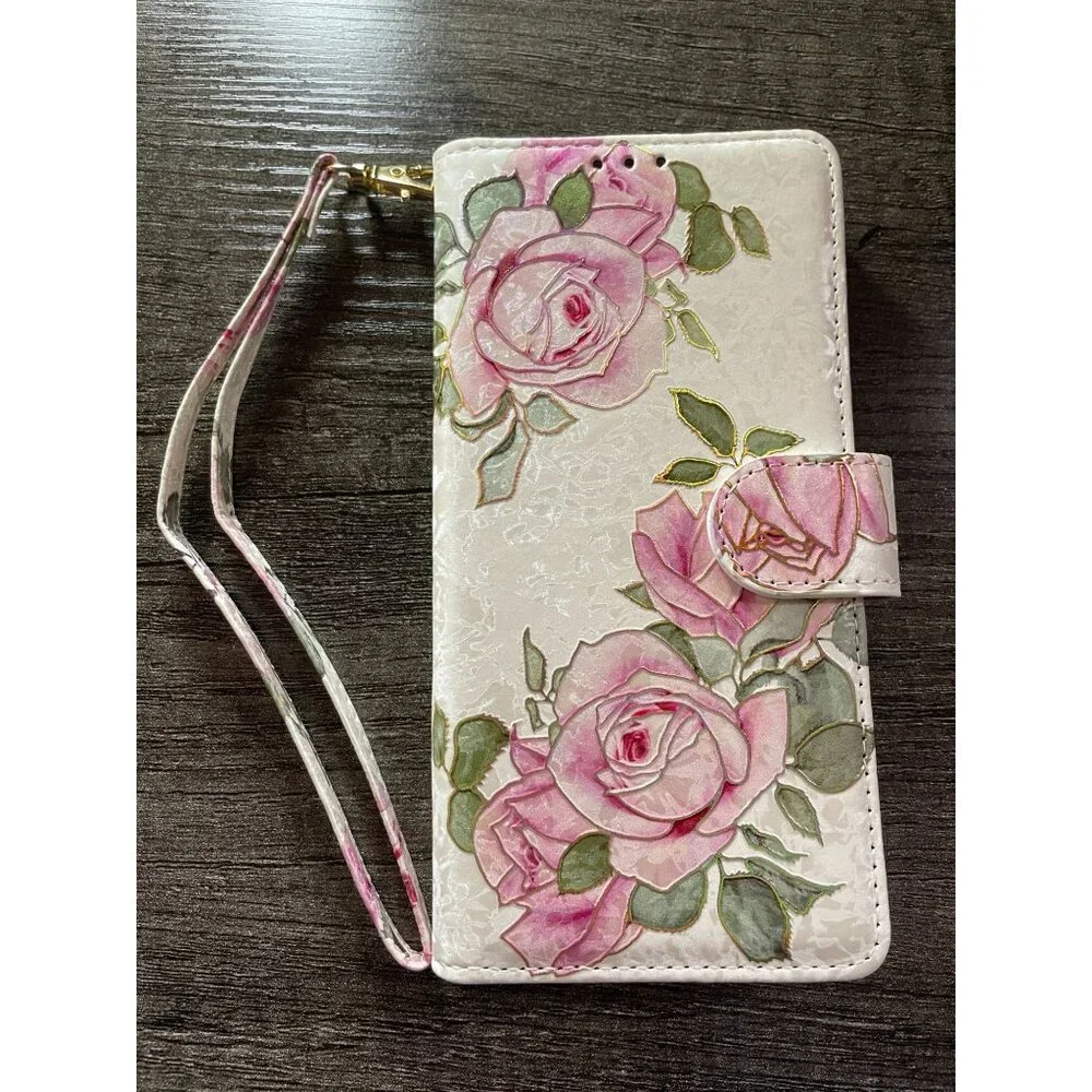 Wallet Case for Samsung Galaxy S24 5G – RFID Blocking PU Leather – White Rose